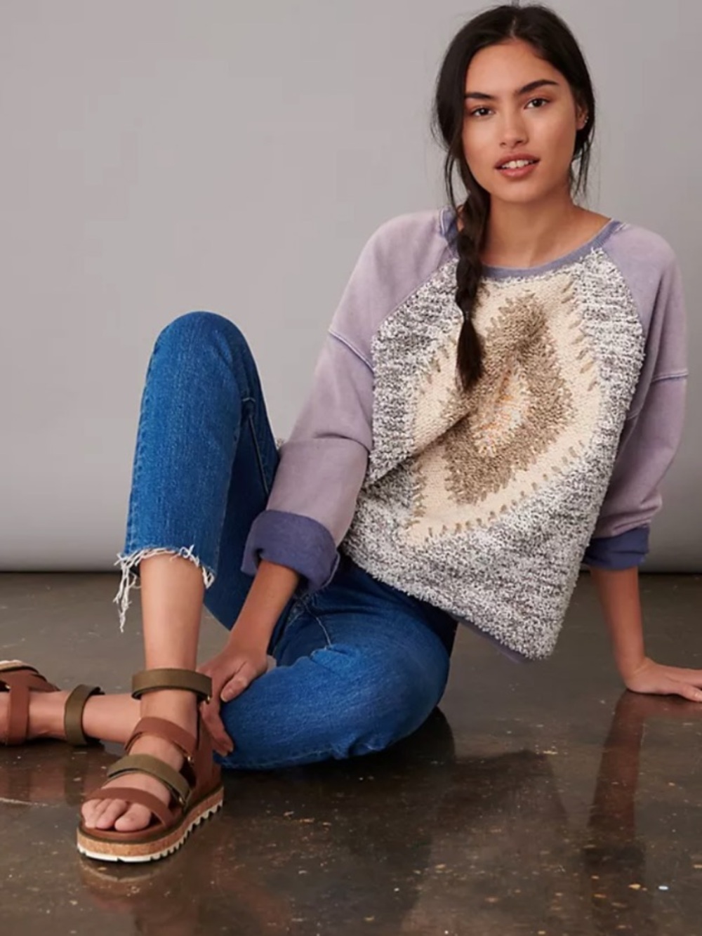 Pilcro Anabel Mixed Media Tufted Diamond Knit Lilac Acid Washed Sweatshirt XL
